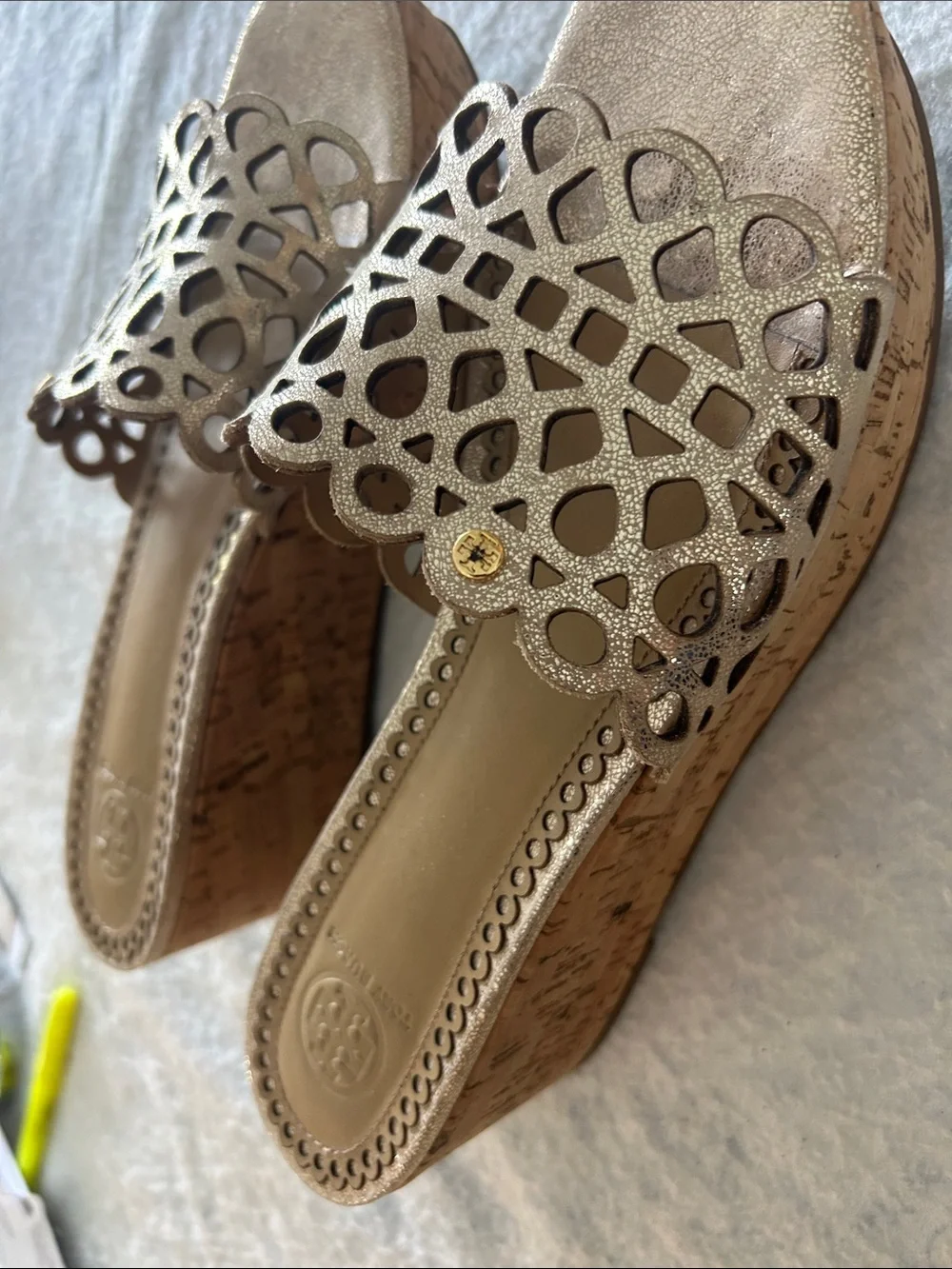 Tory Burch Champagne Laser-Cut Cork Wedge Slides